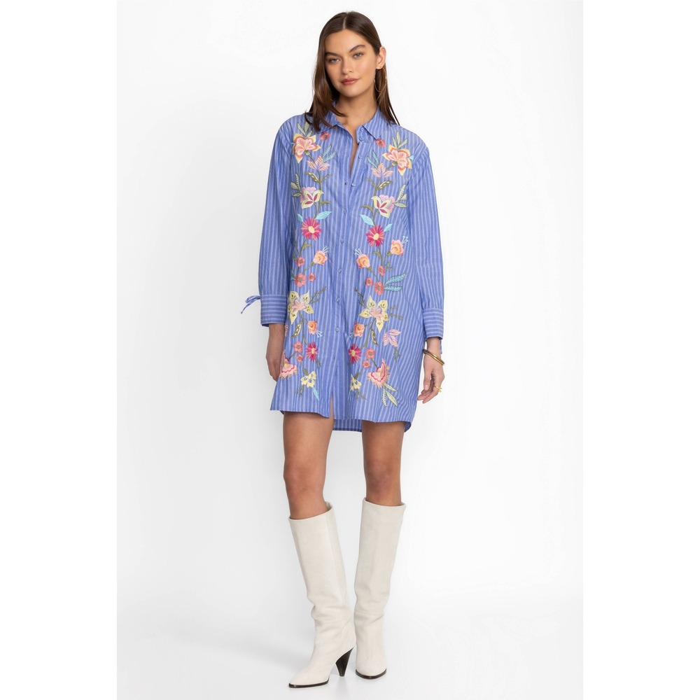 Johnny Was Workshop Blue Striped Floral Embroidered Button Front Shirt Dress XS - Picture 1 of 7